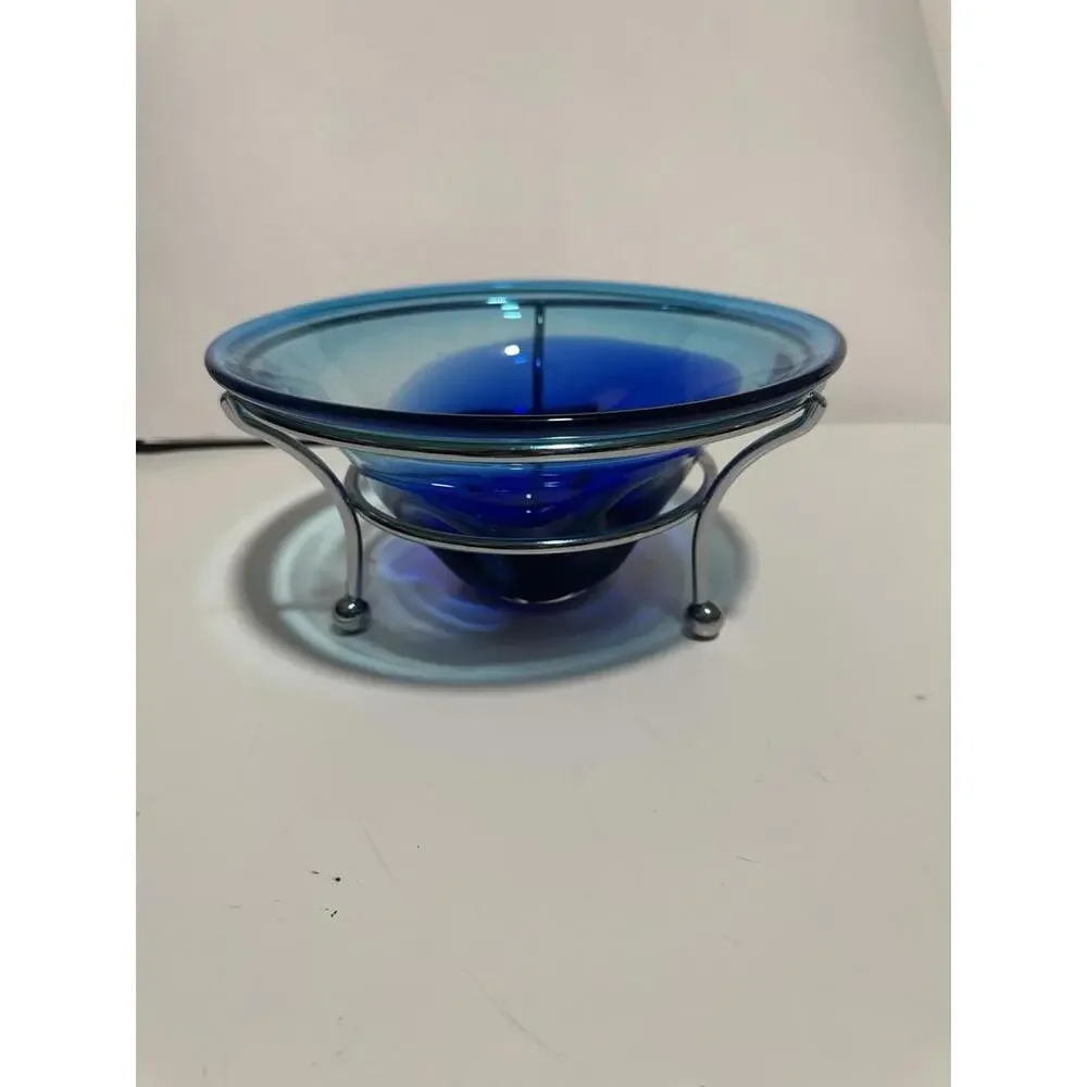 MCM Blue Ombre Hand Blown Glass Console Bowl With Silver Stand 1950s - Picture 2 of 7